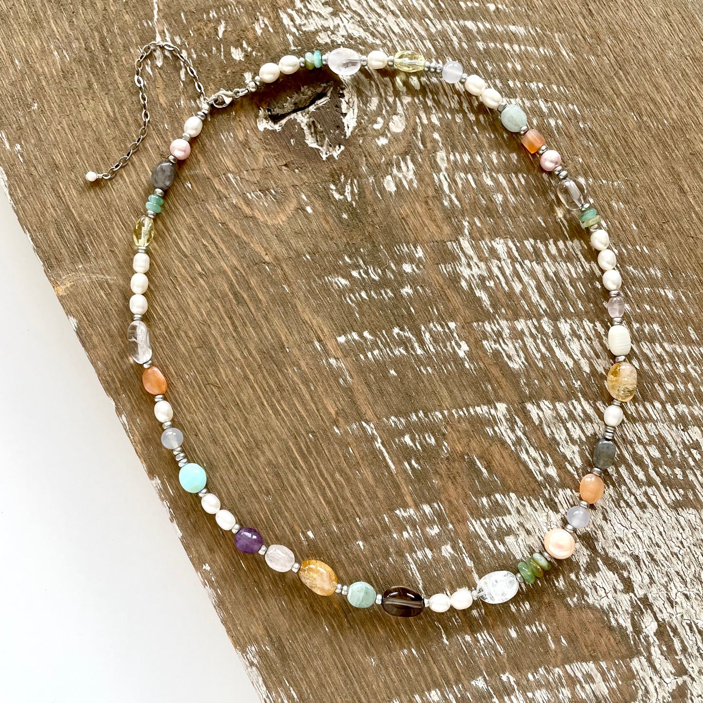 OOAK - Fresh Water Pearl, Labradorite, Citrine, Opal, Amethyst, Aquamarine, Aventurine, Quartz and Sterling Silver Chain Necklace