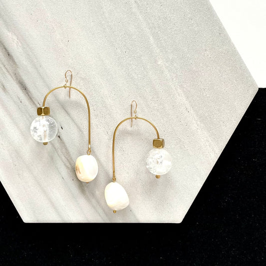 OOAK - Mother of Pearl, Vintage Italian Lucite, Brass Accent Beads and Frames with 14K Gold Fill Earrings