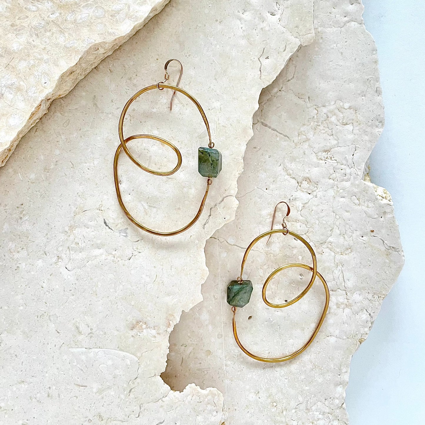 OOAK - Labradorite, Hammered Brass and 14K Gold Fill Earrings