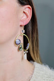 OOAK - Mother of Pearl, Fresh Water Pearl, Moonstone, Quartz, Iolite, Hammered Brass and 14K Gold Fill Earrings