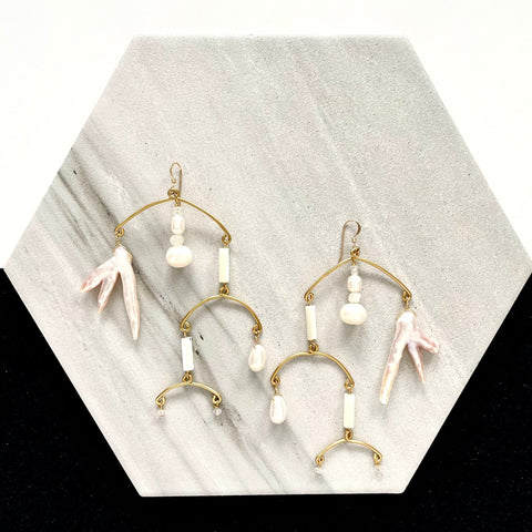 OOAK - Mother of Pearl, Fresh Water Pearl, Moonstone, Brass and 14K Gold Fill Mobile Earrings