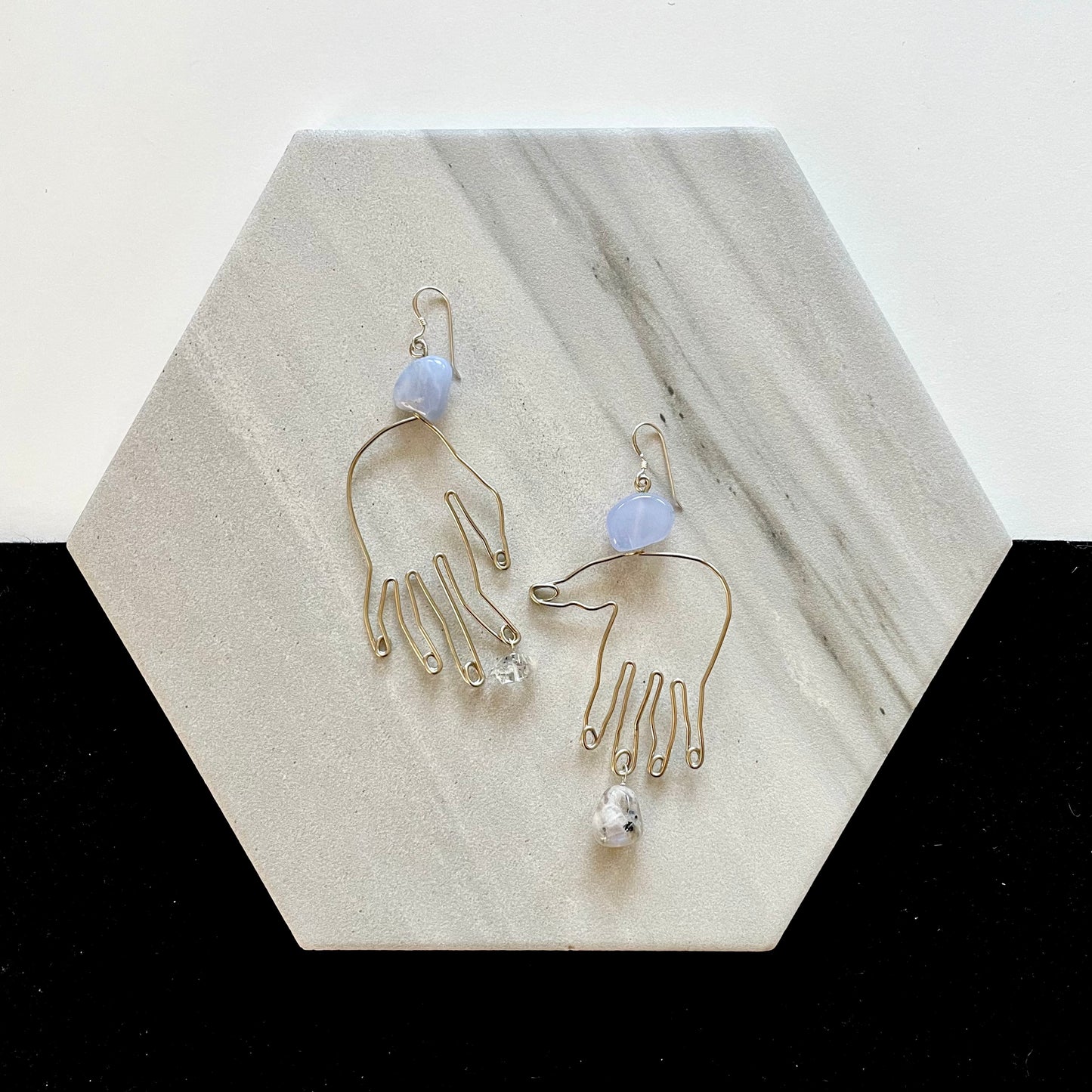 OOAK - Chalcedony, Herkimer Quartz, Moonstone, German Silver Hands with Sterling Silver Earrings