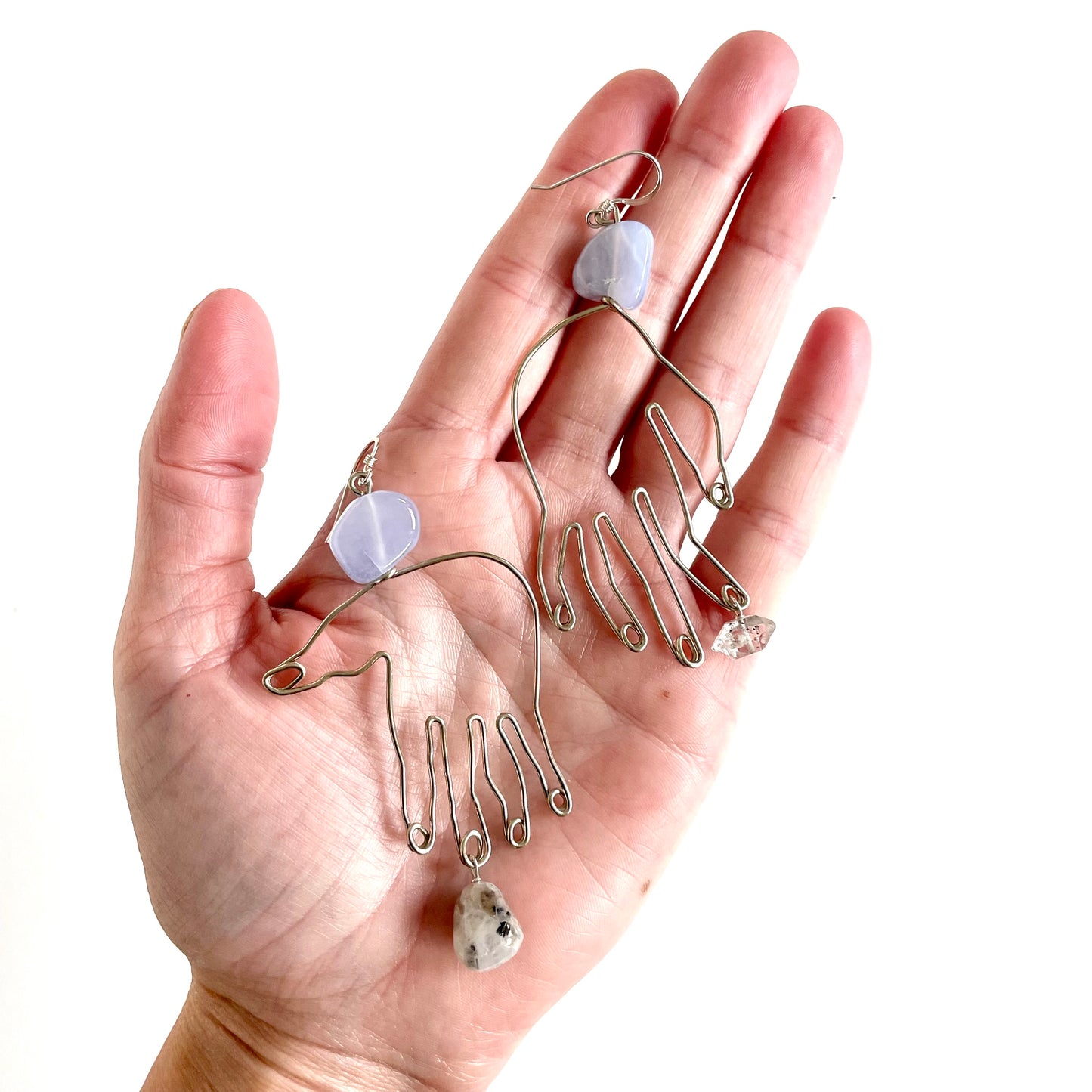 OOAK - Chalcedony, Herkimer Quartz, Moonstone, German Silver Hands with Sterling Silver Earrings