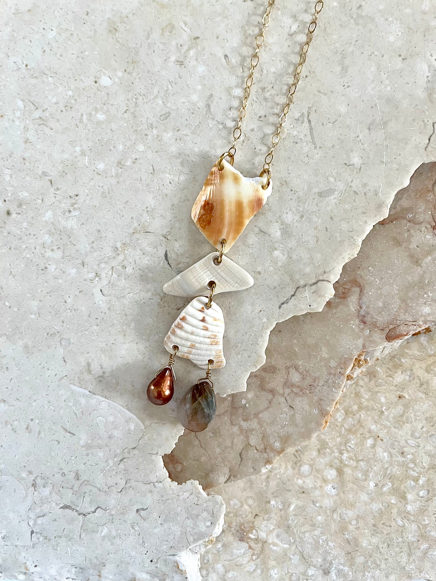 FROM THE BEACH // Chalcedony, Fresh Water Pearl, Shell Fragments, Gold Fill Necklace