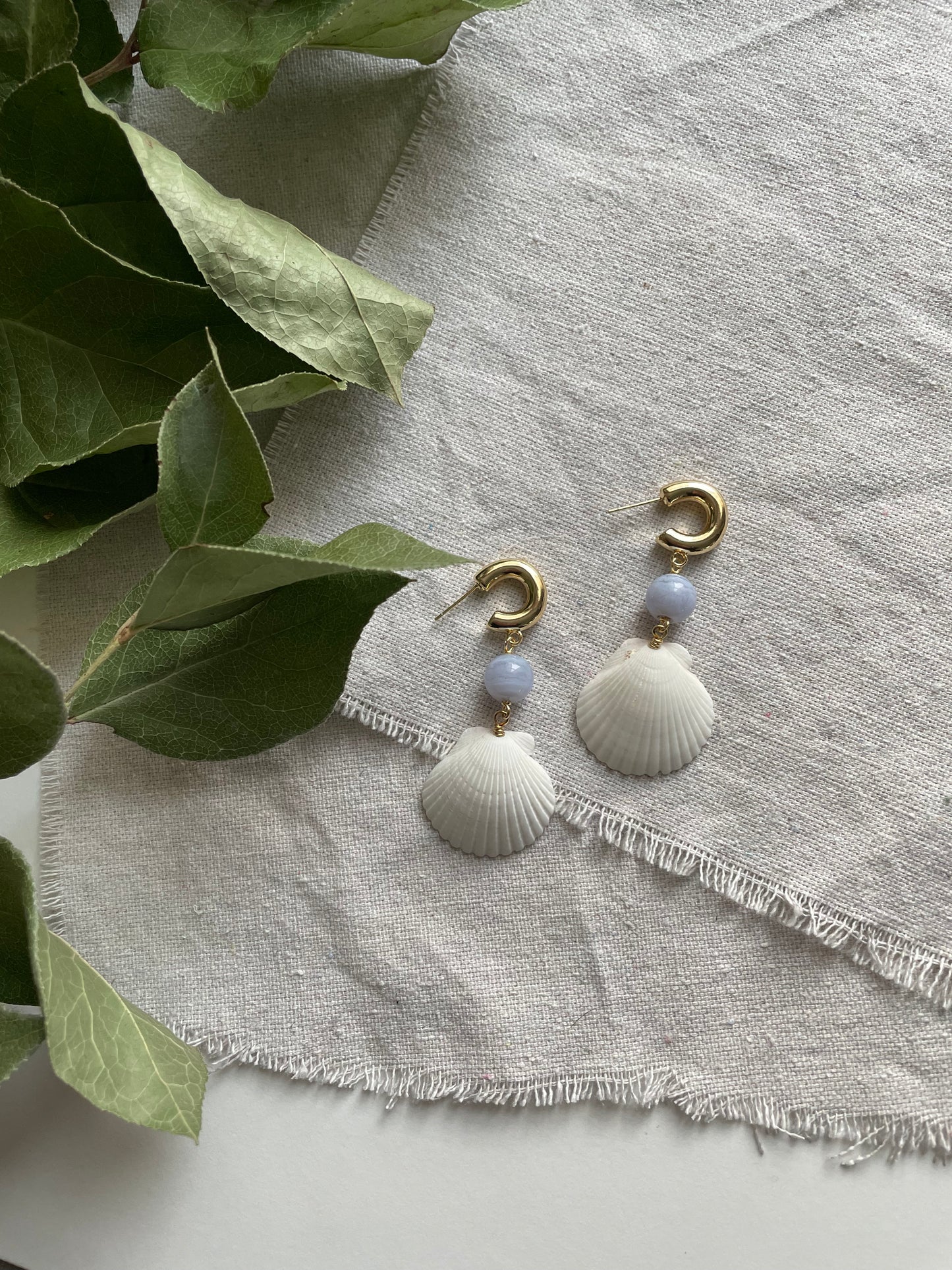 OOAK - White Shells, Chalcedony and Gold Huggie C-Shape Hoop Earrings