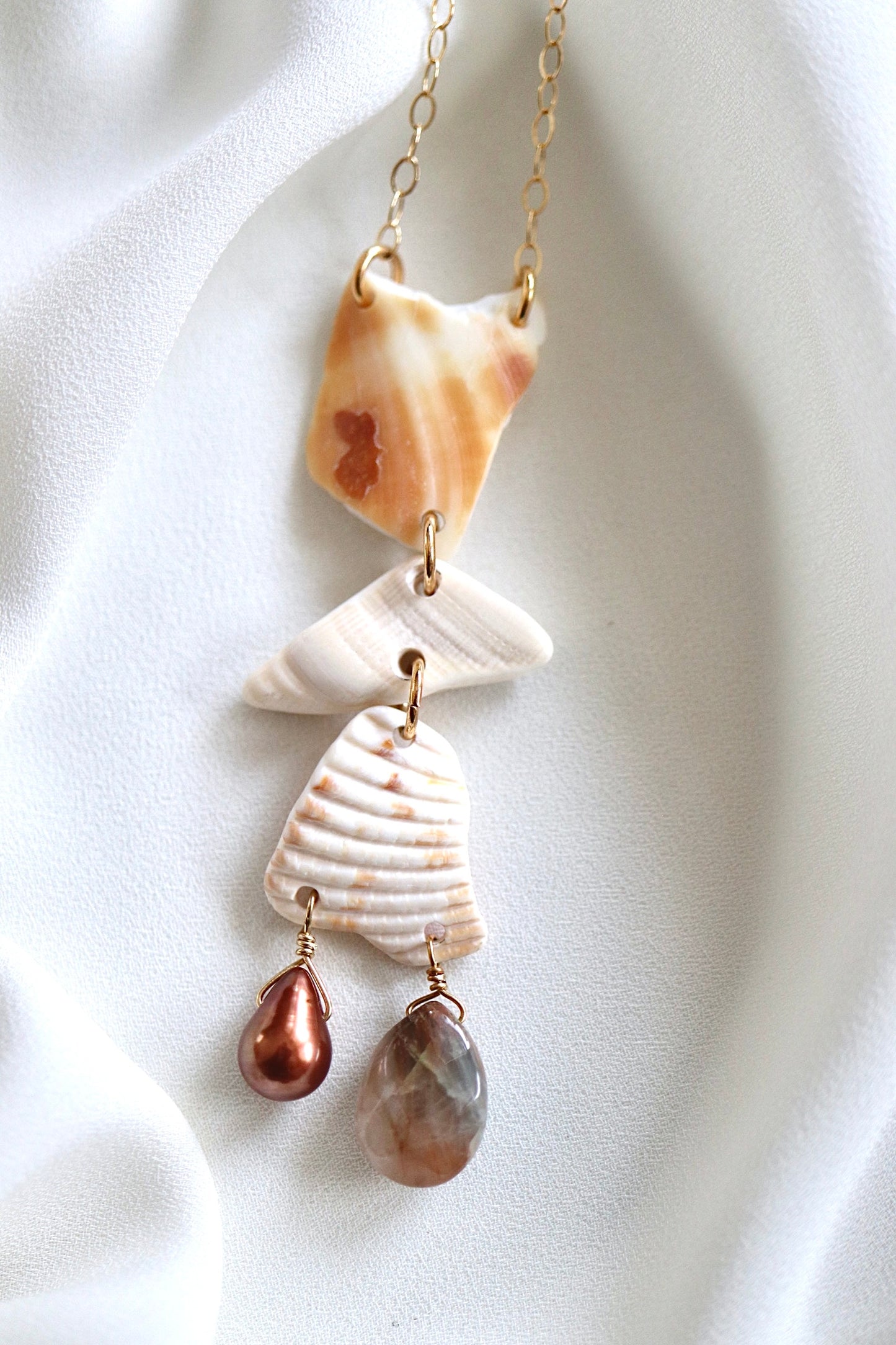 FROM THE BEACH // Chalcedony, Fresh Water Pearl, Shell Fragments, Gold Fill Necklace