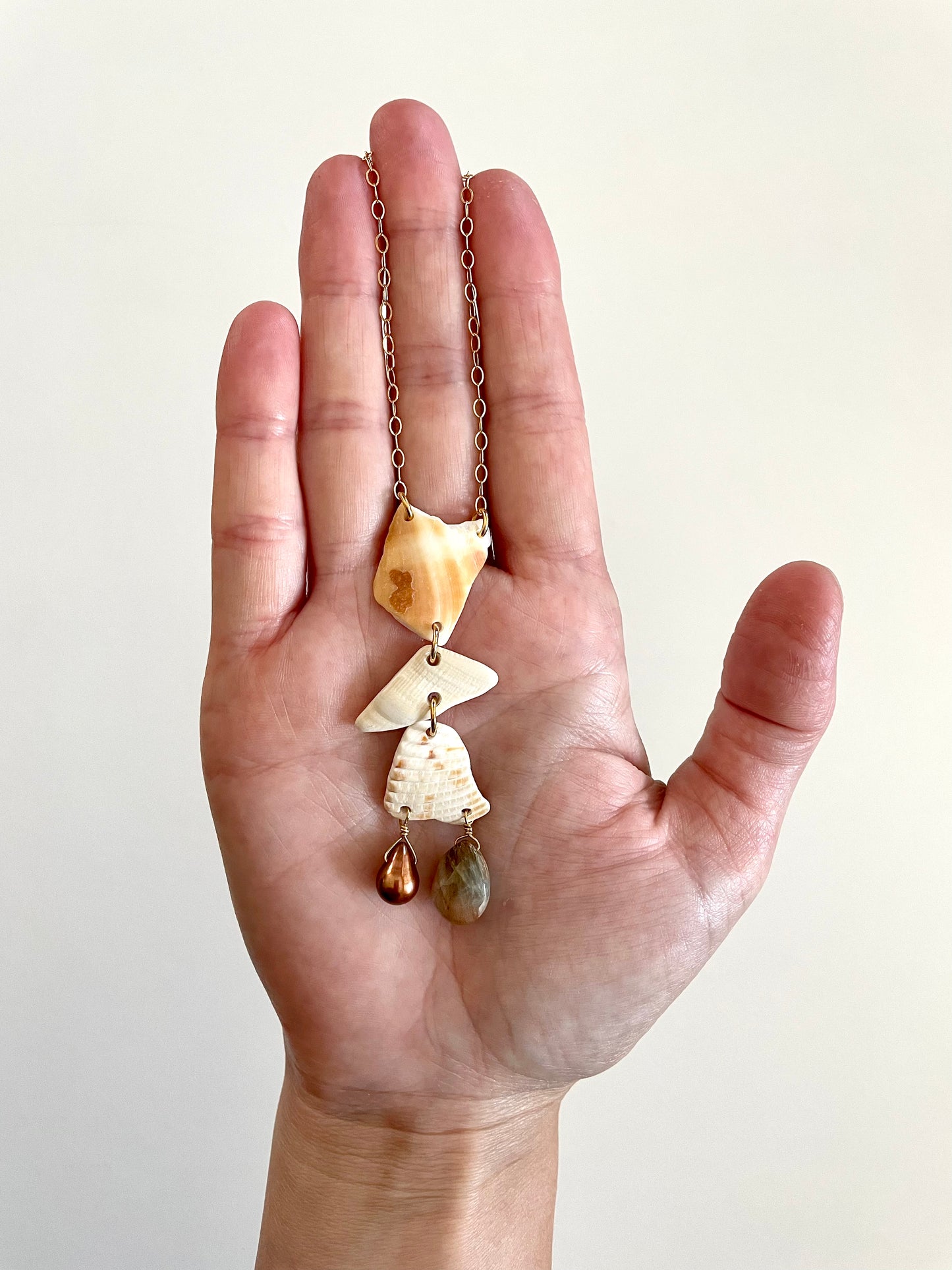 FROM THE BEACH // Chalcedony, Fresh Water Pearl, Shell Fragments, Gold Fill Necklace