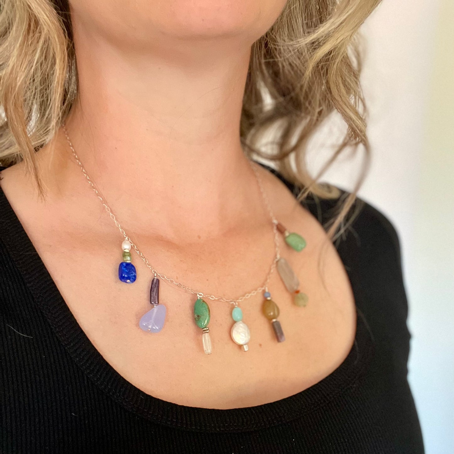 OOAK - Mother of Pearl, Chalcedony, Lapis, Opal, Fresh Water Pearl, Turquoise, Tourmaline, Aquamarine, Quartz, Sunstone and Sterling Silver Chain Necklace