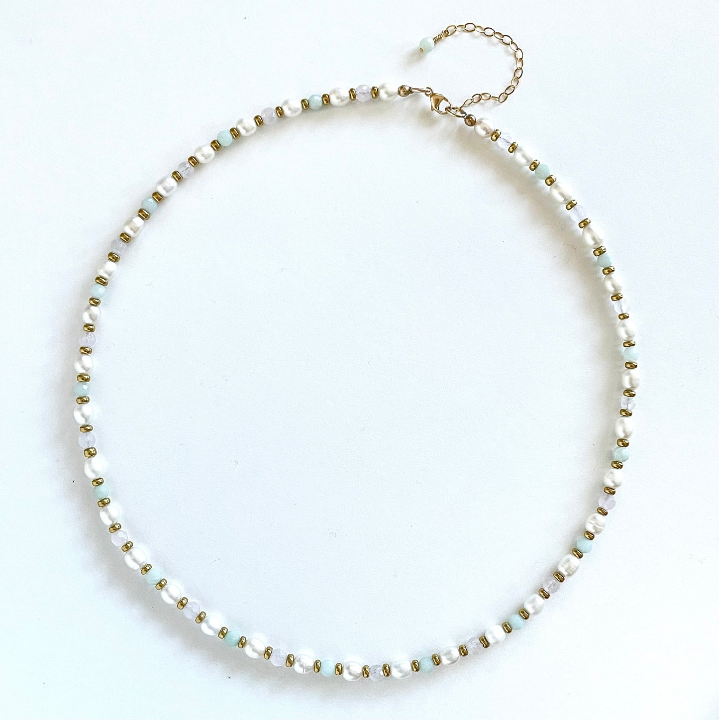 OOAK - Fresh Water Pearl, Amazonite, Rose Quartz, Brass Accent Beads and 14K Gold Fill Chain Necklace