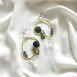 OOAK - Mother of Pearl, Fresh Water Pearl, Moonstone, Quartz, Iolite, Hammered Brass and 14K Gold Fill Earrings