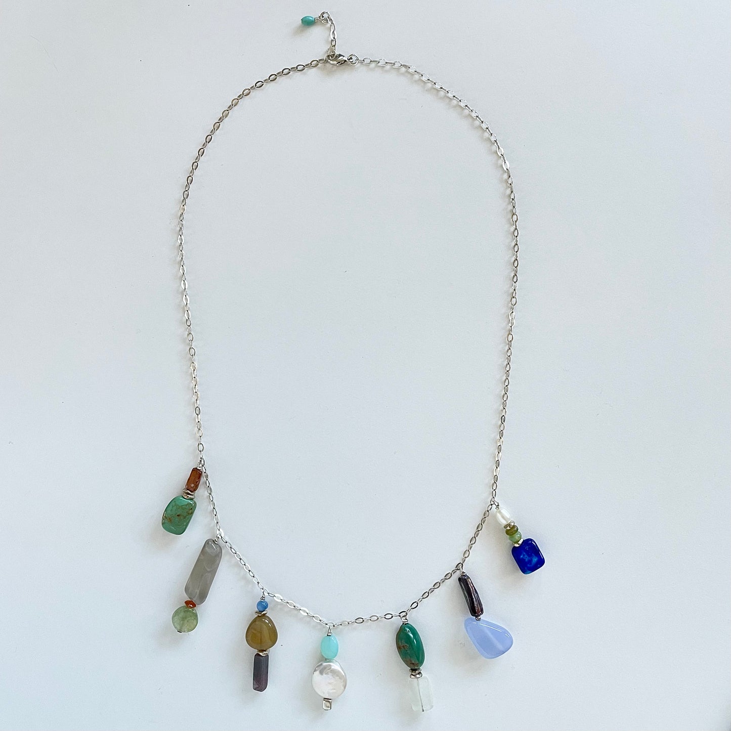 OOAK - Mother of Pearl, Chalcedony, Lapis, Opal, Fresh Water Pearl, Turquoise, Tourmaline, Aquamarine, Quartz, Sunstone and Sterling Silver Chain Necklace