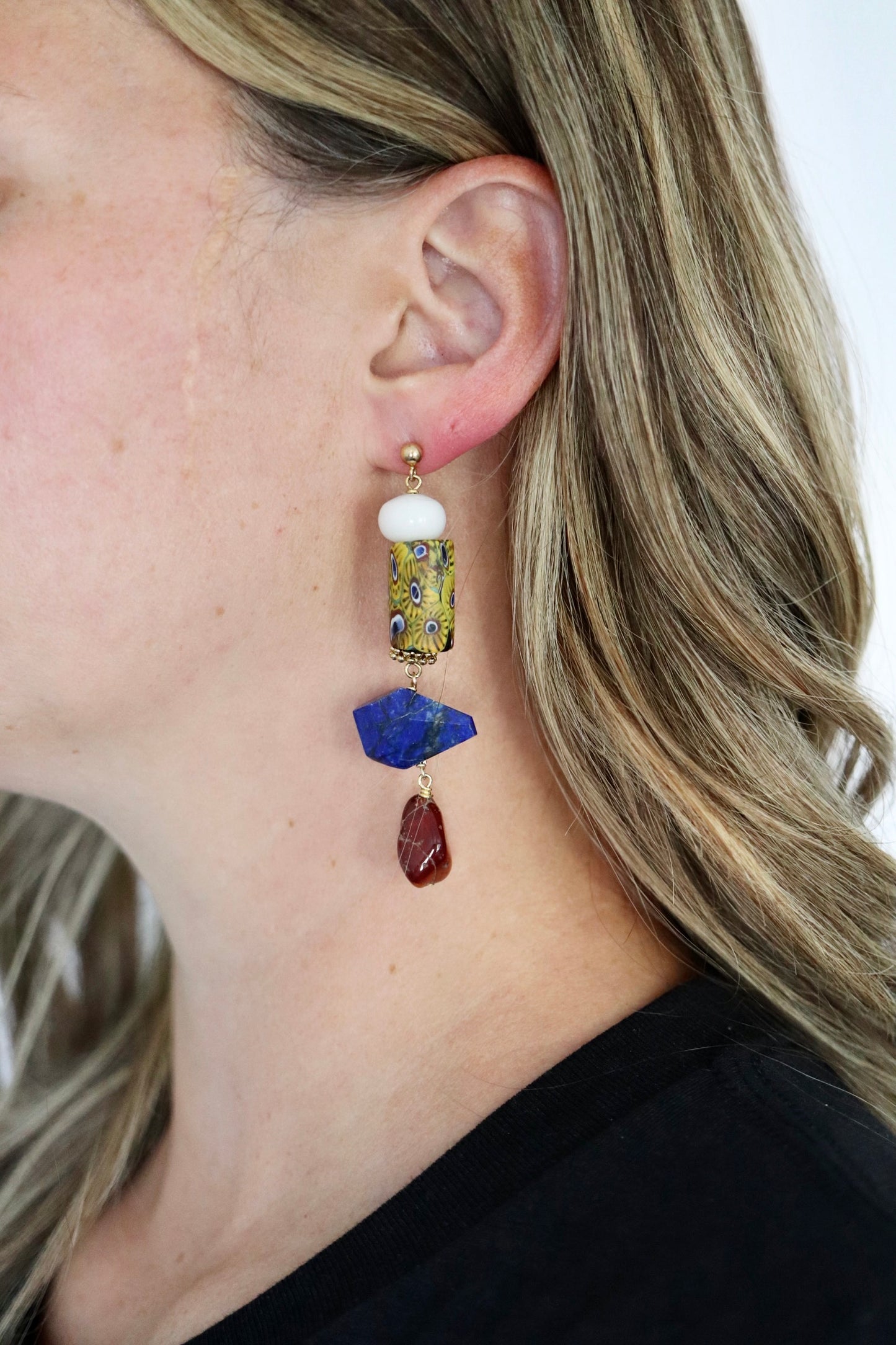 OOAK - Lapis, Carnelian, Jade, Porcelain and Brass Beads with Vermeil Stud Earrings