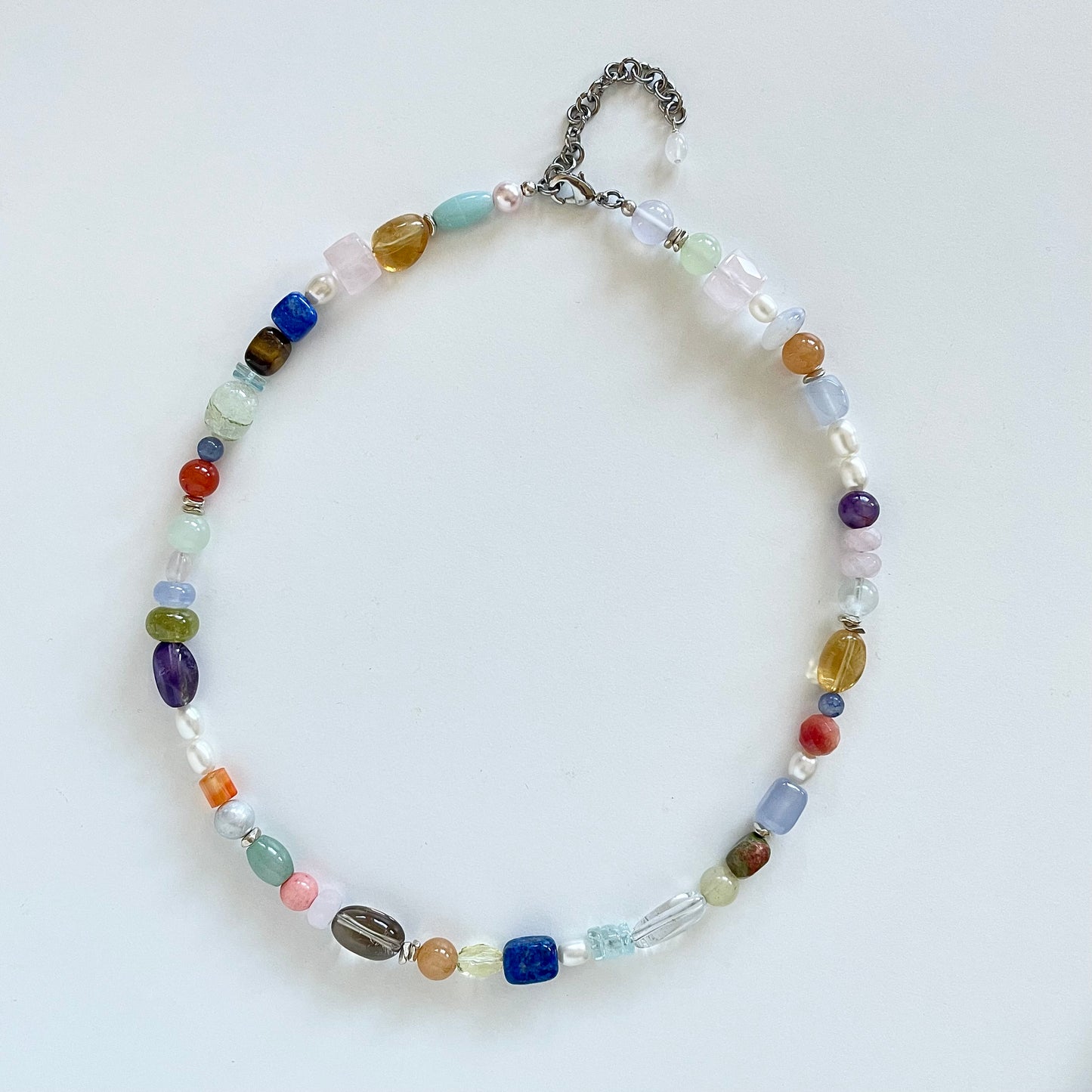 OOAK - Chalcedony, Lapis, Amethyst, Fresh Water Pearl, Aventurine, Garnet, Aquamarine, Quartz, Carnelian and Vintage Silver Plated Chain Necklace