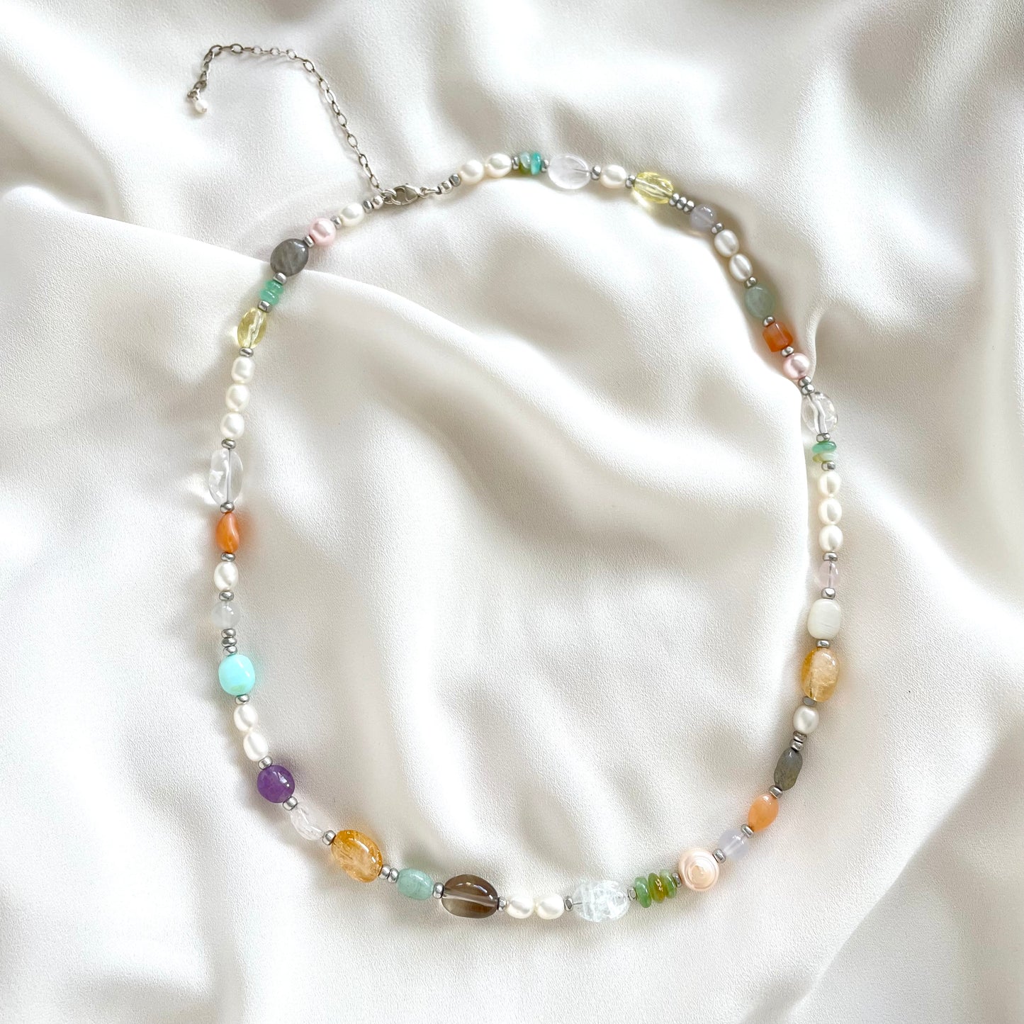 OOAK - Fresh Water Pearl, Labradorite, Citrine, Opal, Amethyst, Aquamarine, Aventurine, Quartz and Sterling Silver Chain Necklace