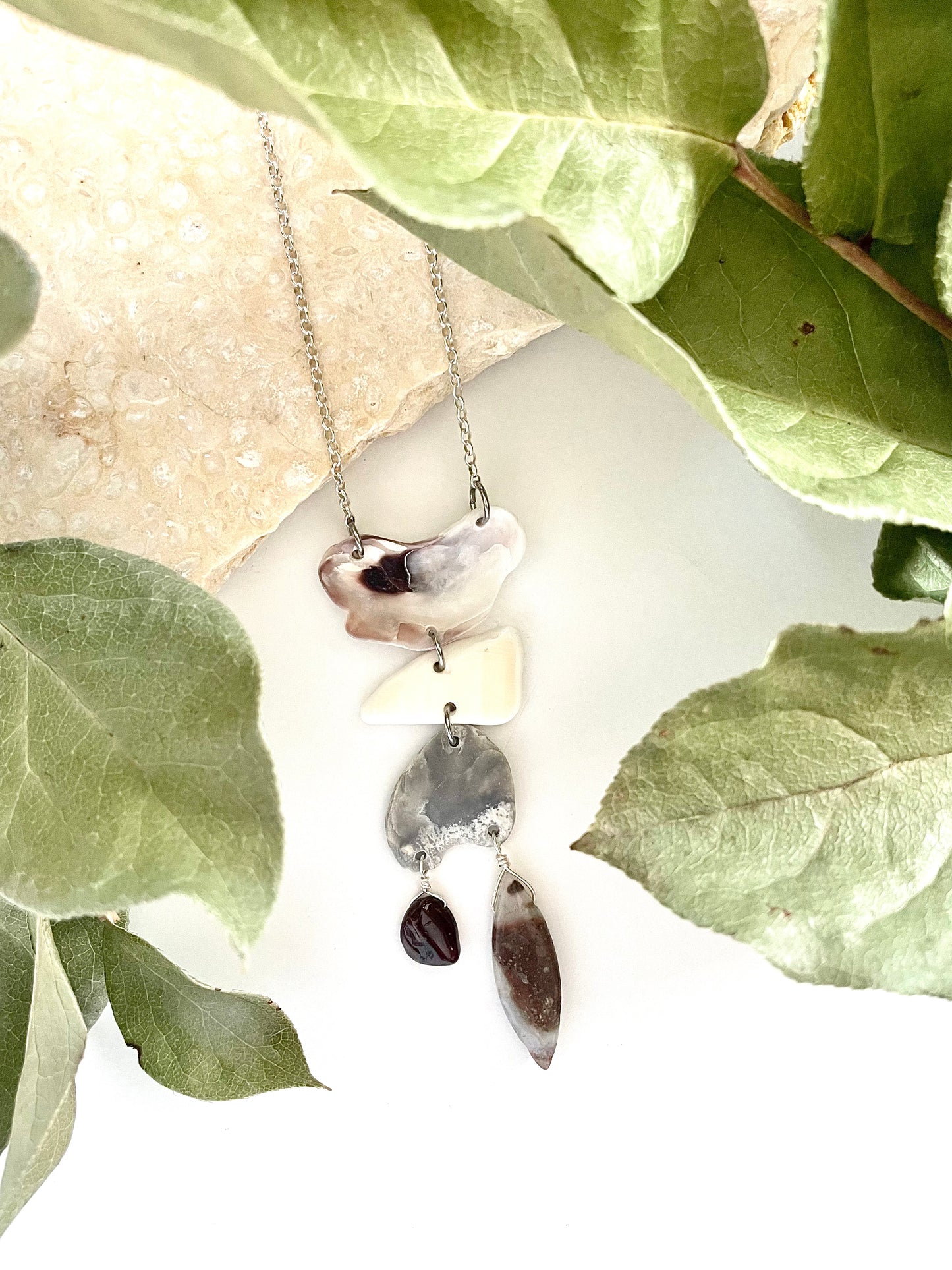 FROM THE BEACH // Garnet, Jasper, Shell Fragments, Sterling Silver Necklace