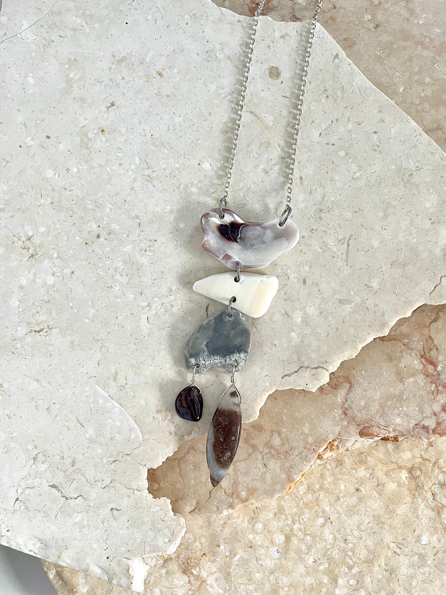 FROM THE BEACH // Garnet, Jasper, Shell Fragments, Sterling Silver Necklace