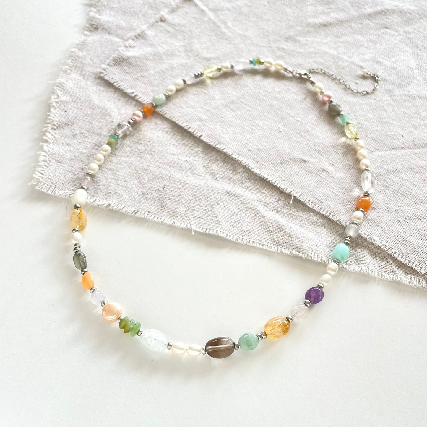 OOAK - Fresh Water Pearl, Labradorite, Citrine, Opal, Amethyst, Aquamarine, Aventurine, Quartz and Sterling Silver Chain Necklace