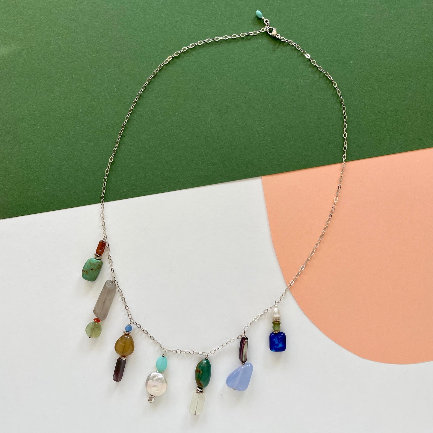 OOAK - Mother of Pearl, Chalcedony, Lapis, Opal, Fresh Water Pearl, Turquoise, Tourmaline, Aquamarine, Quartz, Sunstone and Sterling Silver Chain Necklace