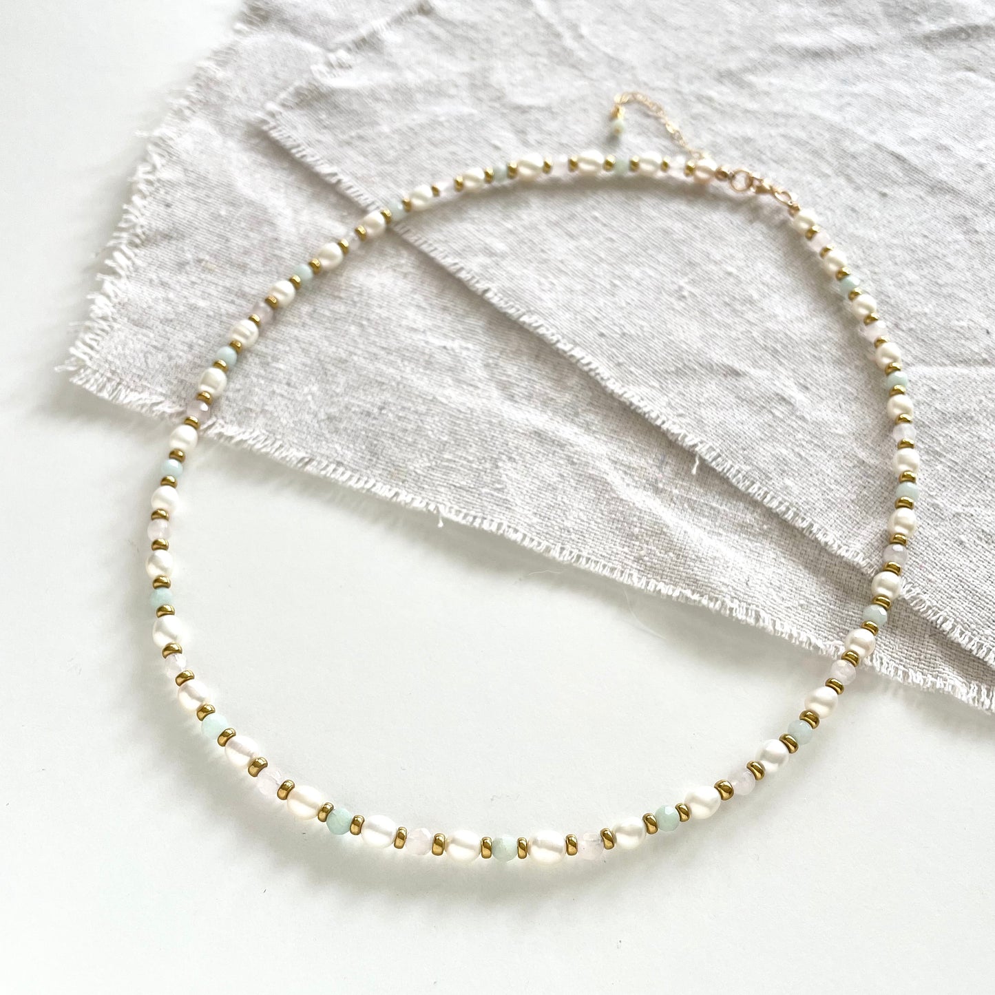 OOAK - Fresh Water Pearl, Amazonite, Rose Quartz, Brass Accent Beads and 14K Gold Fill Chain Necklace