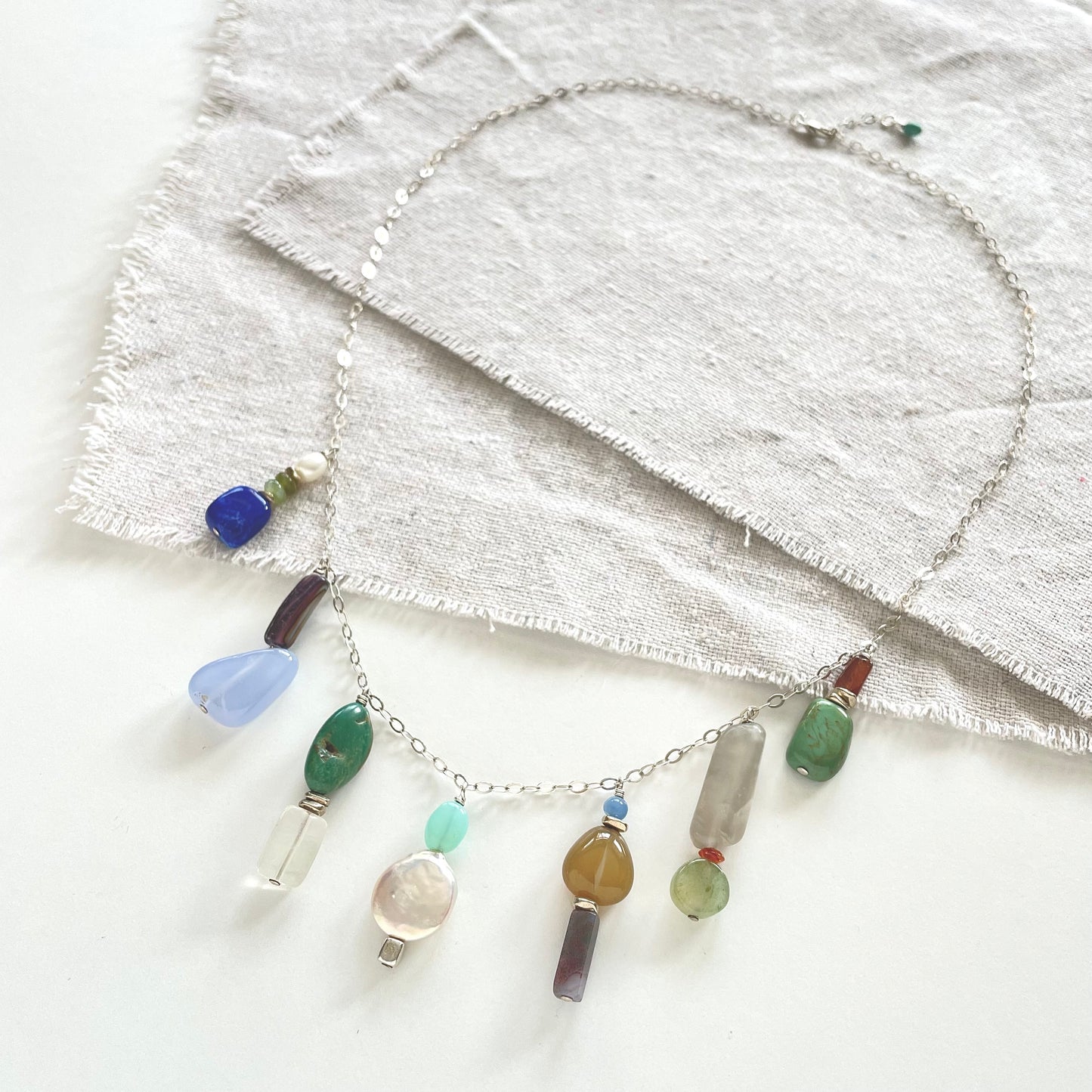 OOAK - Mother of Pearl, Chalcedony, Lapis, Opal, Fresh Water Pearl, Turquoise, Tourmaline, Aquamarine, Quartz, Sunstone and Sterling Silver Chain Necklace