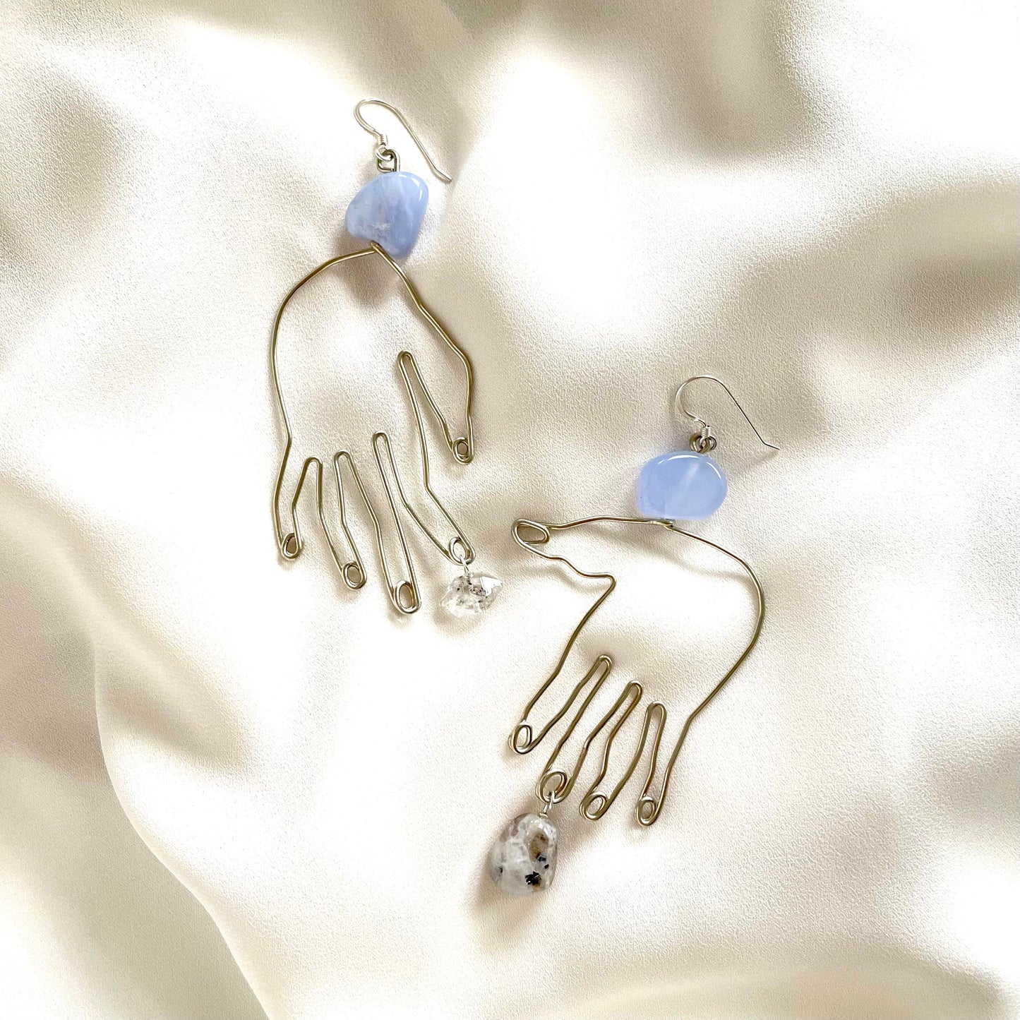 OOAK - Chalcedony, Herkimer Quartz, Moonstone, German Silver Hands with Sterling Silver Earrings