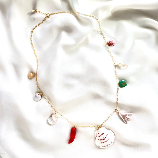 OOAK - Coral, Fresh Water Pearl, Turquoise, Shells, Opal, Brass and Gold Plated Anti-Tarnish Chain Necklace