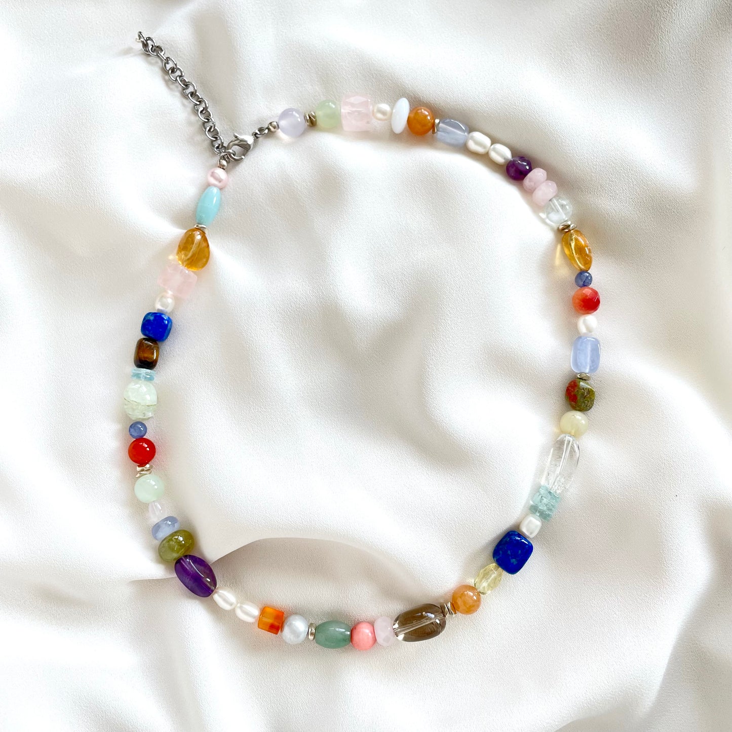 OOAK - Chalcedony, Lapis, Amethyst, Fresh Water Pearl, Aventurine, Garnet, Aquamarine, Quartz, Carnelian and Vintage Silver Plated Chain Necklace