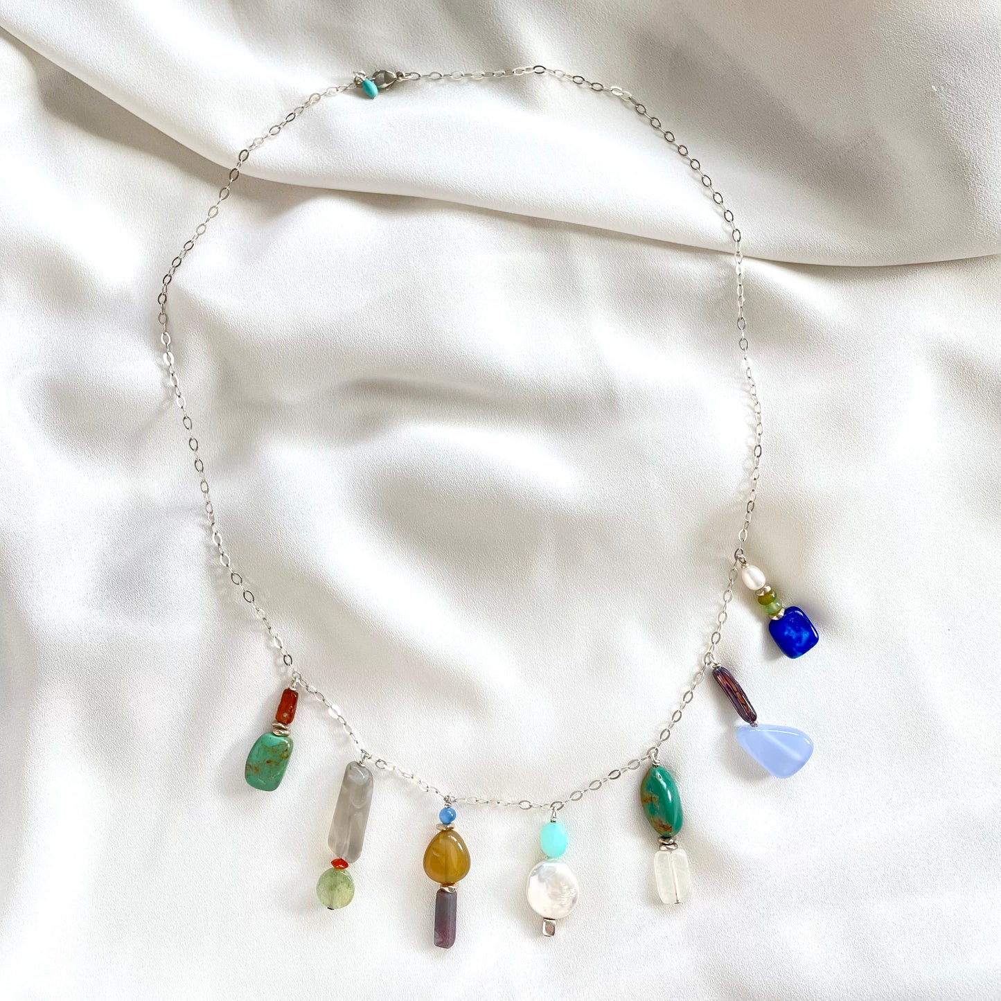 OOAK - Mother of Pearl, Chalcedony, Lapis, Opal, Fresh Water Pearl, Turquoise, Tourmaline, Aquamarine, Quartz, Sunstone and Sterling Silver Chain Necklace