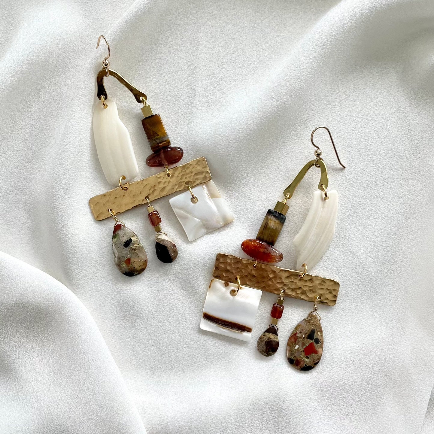 OOAK - Sunstone, Spotted Chalcedony, Tiger Eye, Mother of Pearl, Shell & Brass Earrings