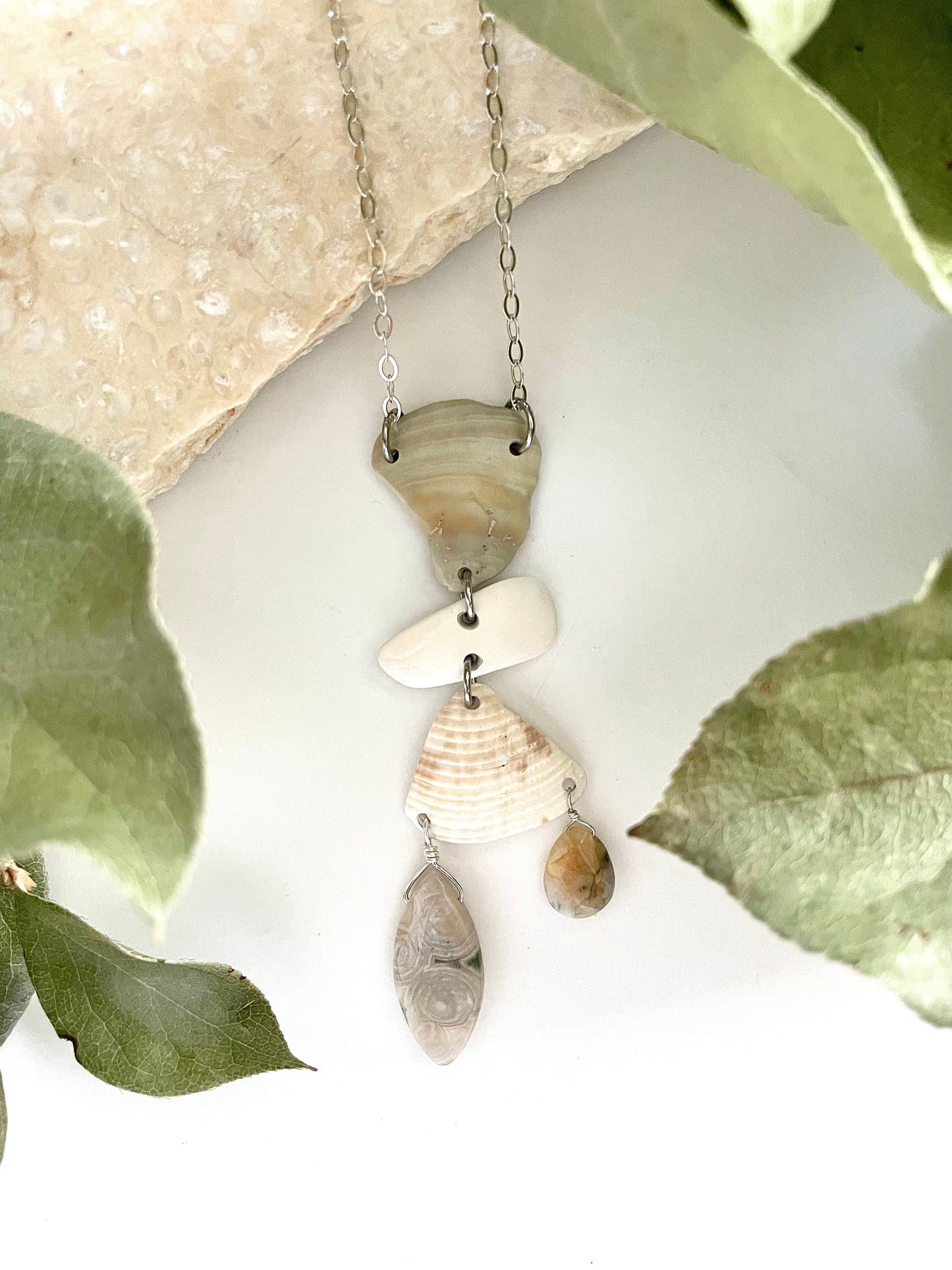 FROM THE BEACH // Chalcedony, Jasper, Shell Fragments, Sterling Silver Necklace