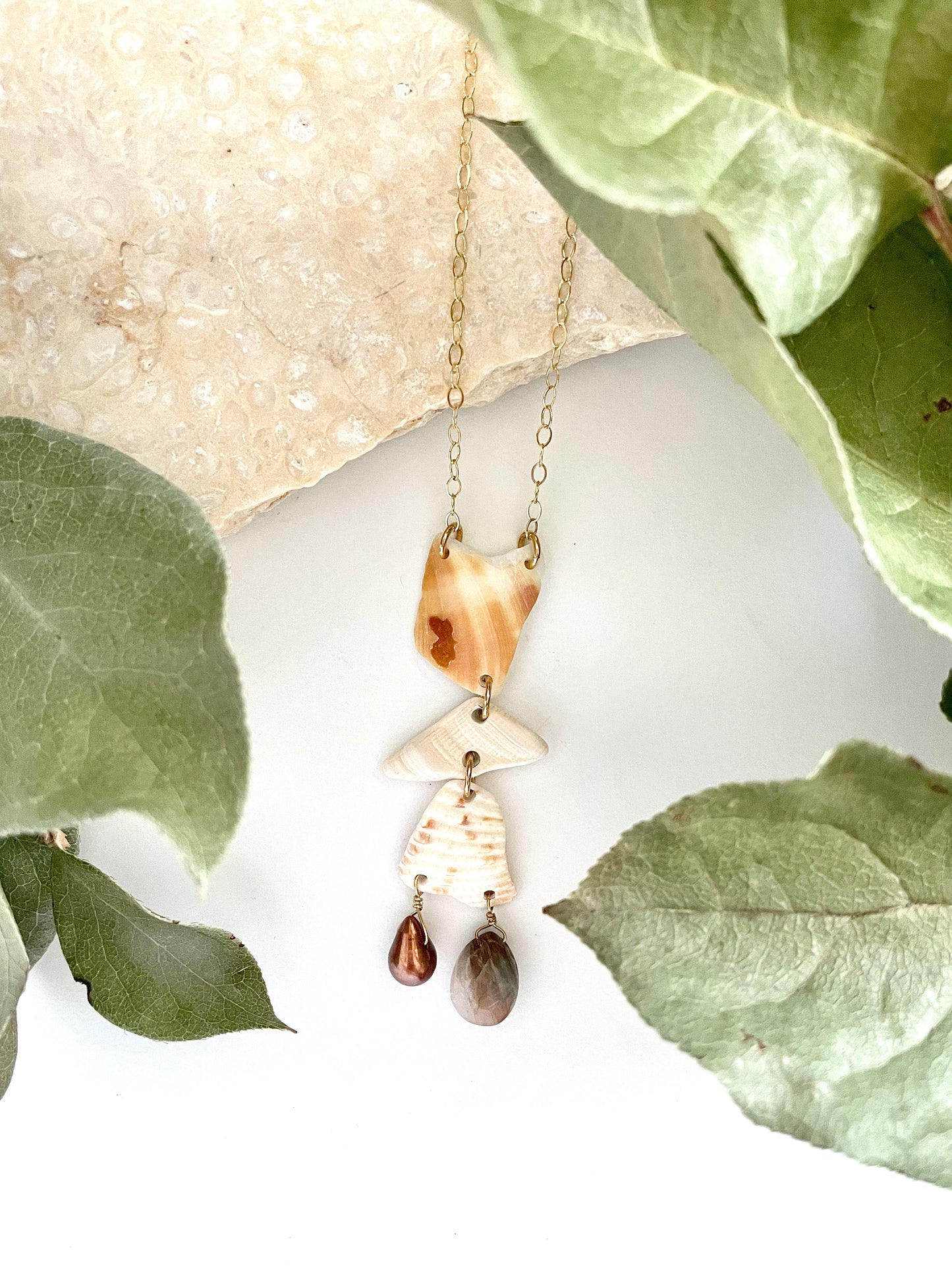 FROM THE BEACH // Chalcedony, Fresh Water Pearl, Shell Fragments, Gold Fill Necklace