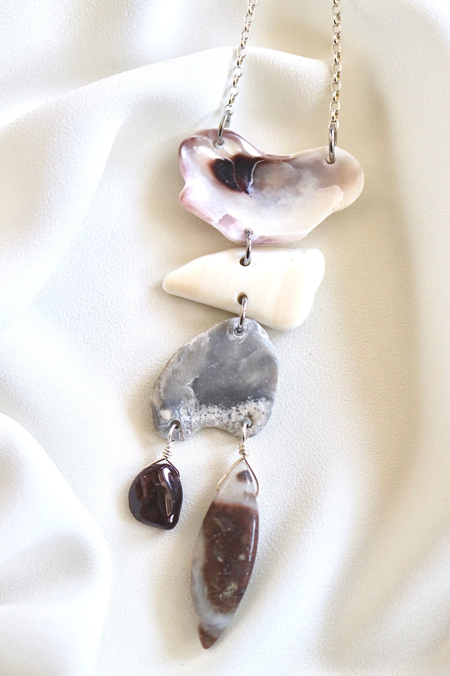 FROM THE BEACH // Garnet, Jasper, Shell Fragments, Sterling Silver Necklace