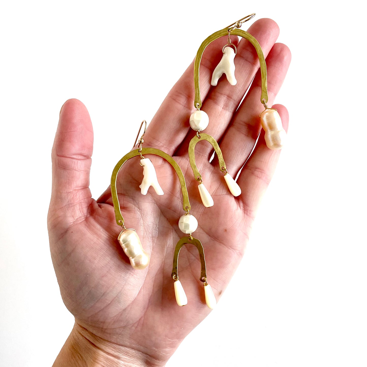 OOAK - Mother of Pearl, Coral, Fresh Water Pearl, Abalone and Hammered Brass Frames with 14K Gold Fill Earrings