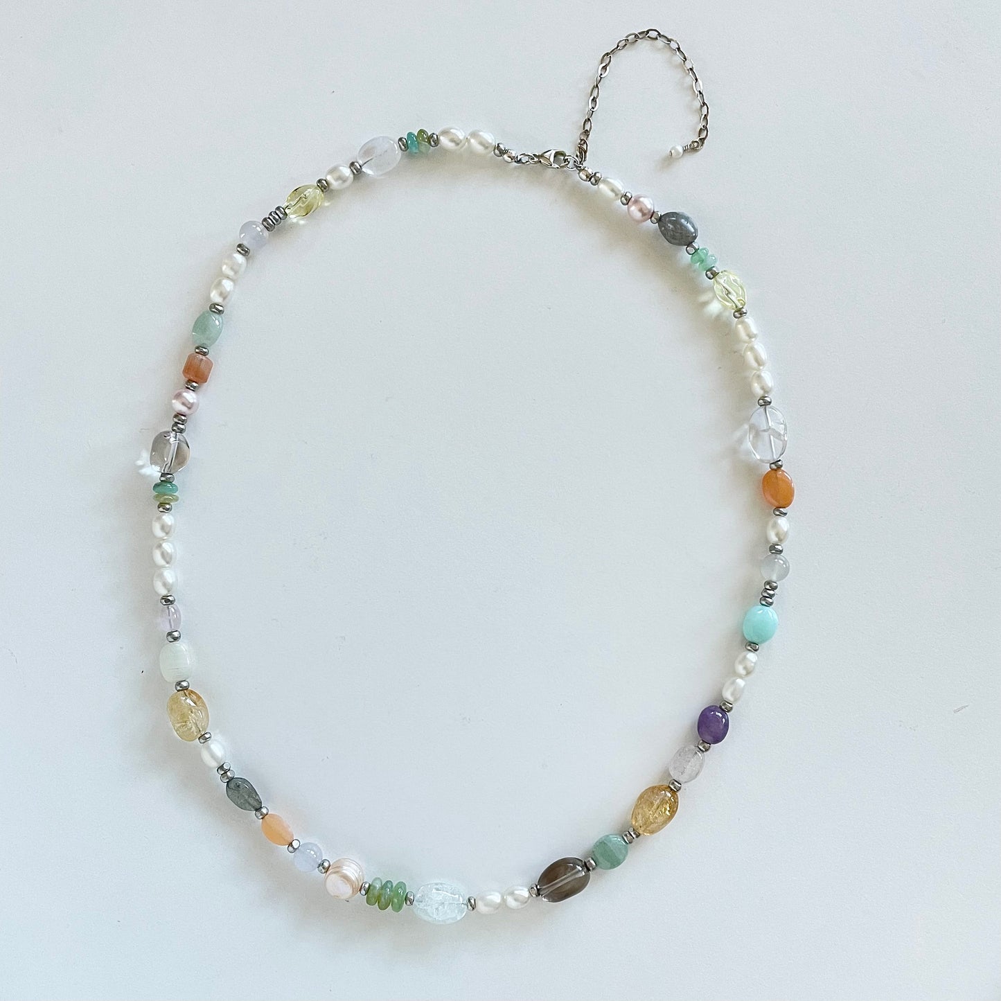 OOAK - Fresh Water Pearl, Labradorite, Citrine, Opal, Amethyst, Aquamarine, Aventurine, Quartz and Sterling Silver Chain Necklace