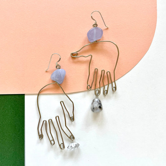 OOAK - Chalcedony, Herkimer Quartz, Moonstone, German Silver Hands with Sterling Silver Earrings