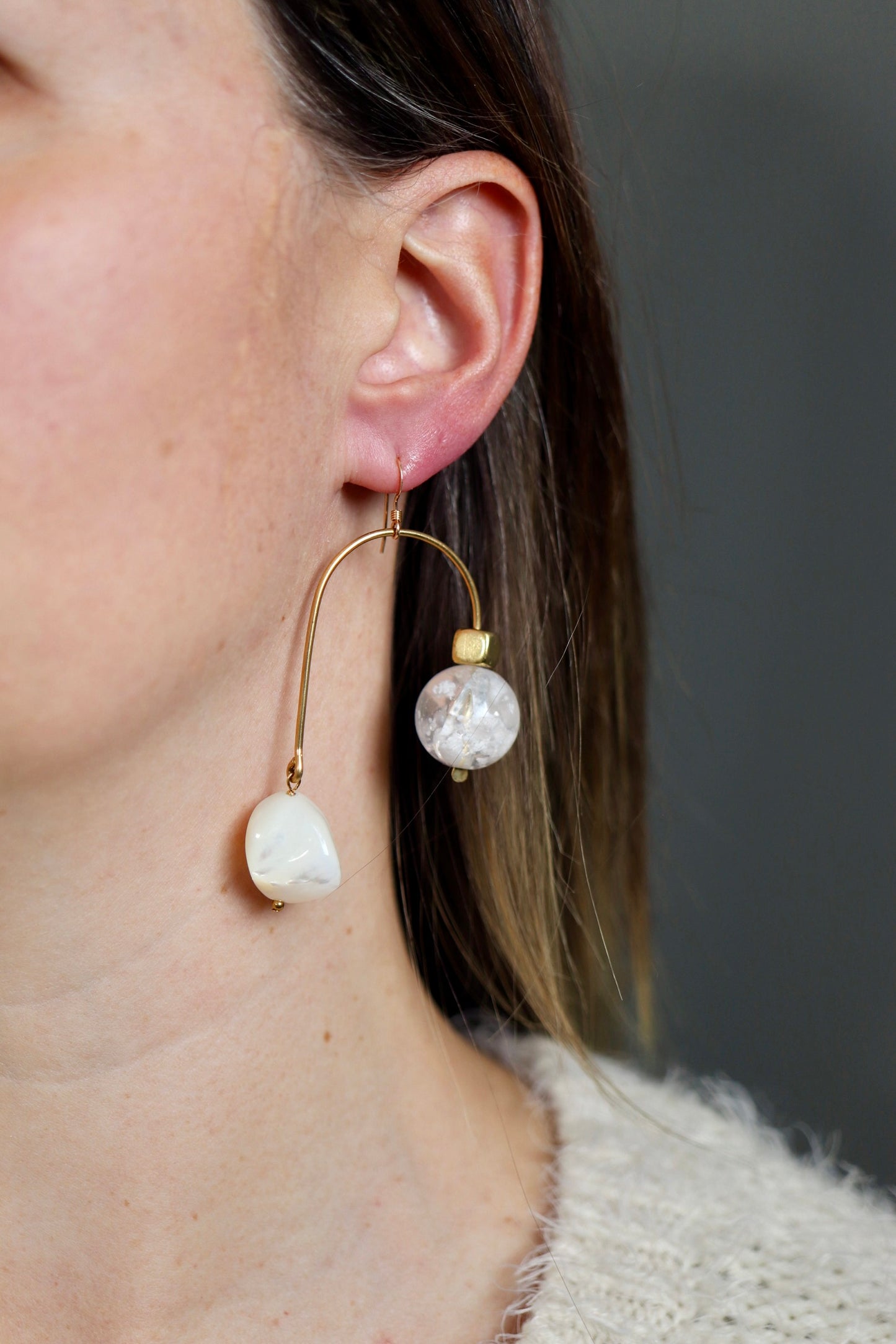 OOAK - Mother of Pearl, Vintage Italian Lucite, Brass Accent Beads and Frames with 14K Gold Fill Earrings