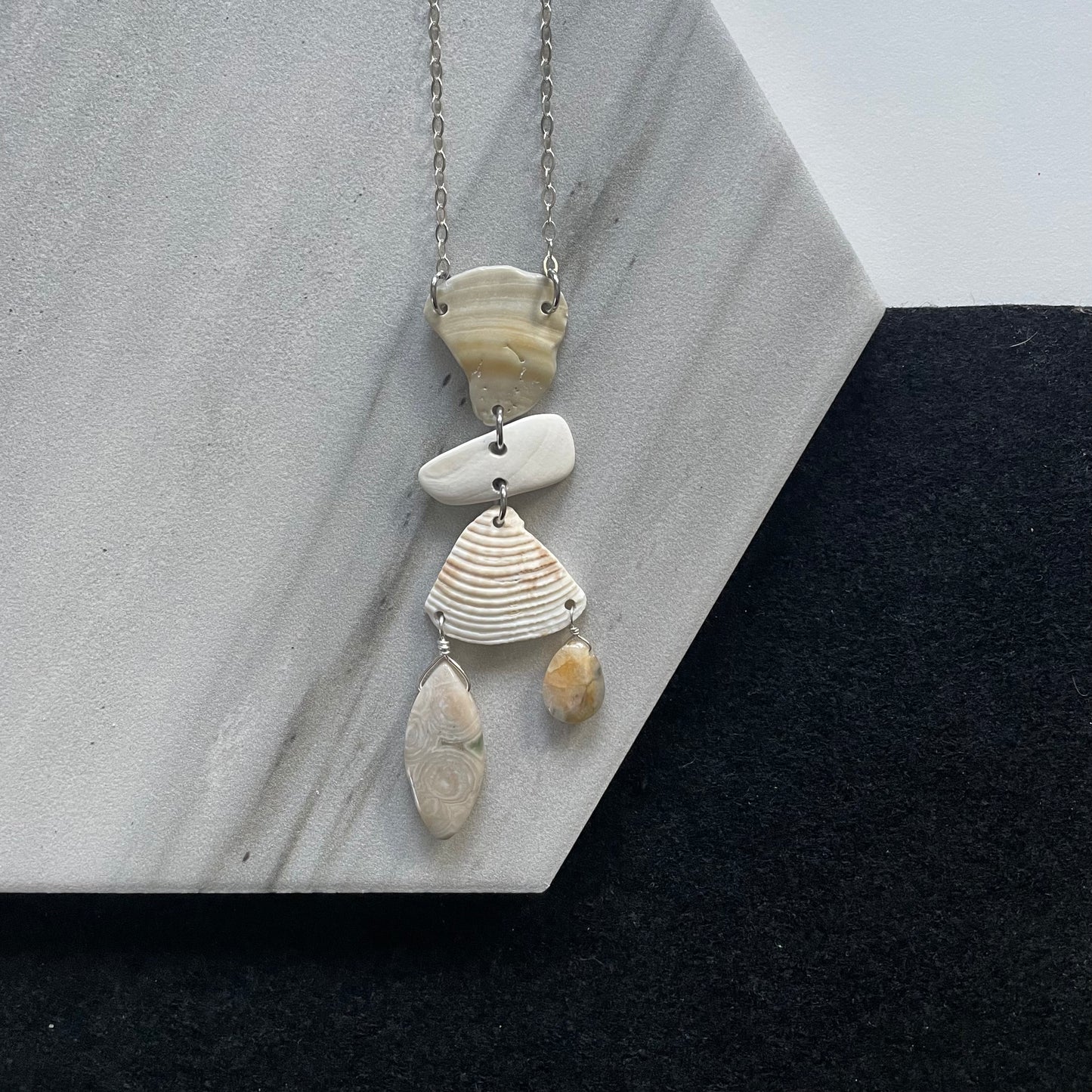 FROM THE BEACH // Chalcedony, Jasper, Shell Fragments, Sterling Silver Necklace