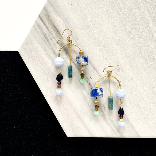 OOAK - Chalcedony, Sodalite, Amethyst, Blue Goldstone, Aventurine, Tourmaline, Brass and 14K Gold Fill Earrings