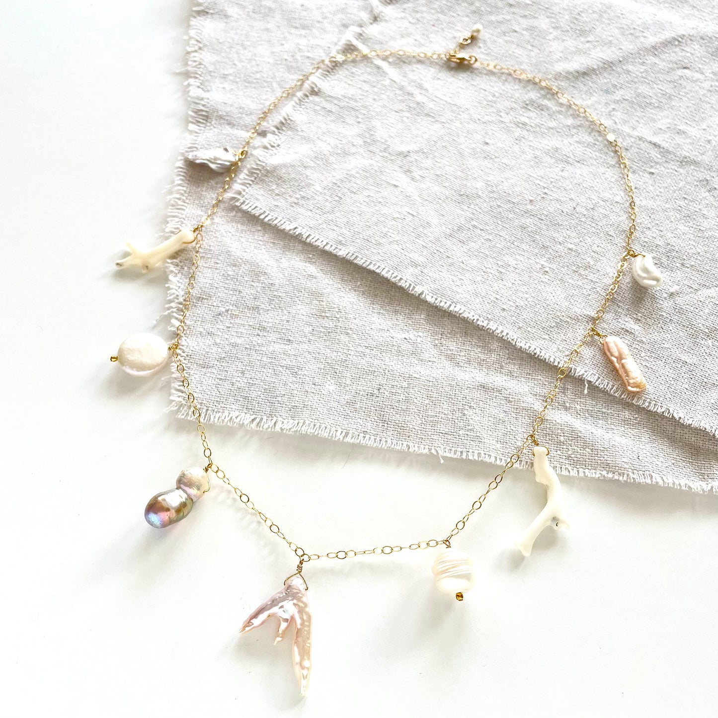 OOAK - Fresh Water Pearl, Coral and 14K Gold Fill Chain Necklace