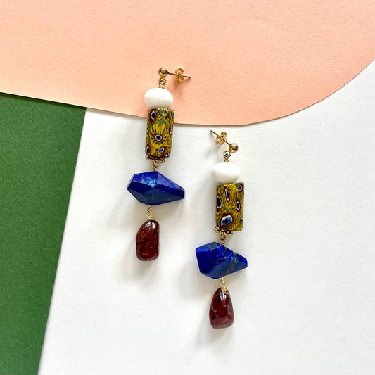 OOAK - Lapis, Carnelian, Jade, Porcelain and Brass Beads with Vermeil Stud Earrings