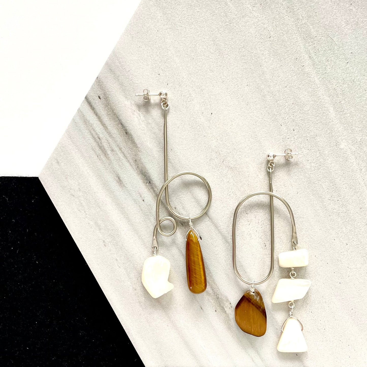 OOAK - Mother of Pearl, Tiger Eye, German Silver Frames with Sterling Silver Earrings