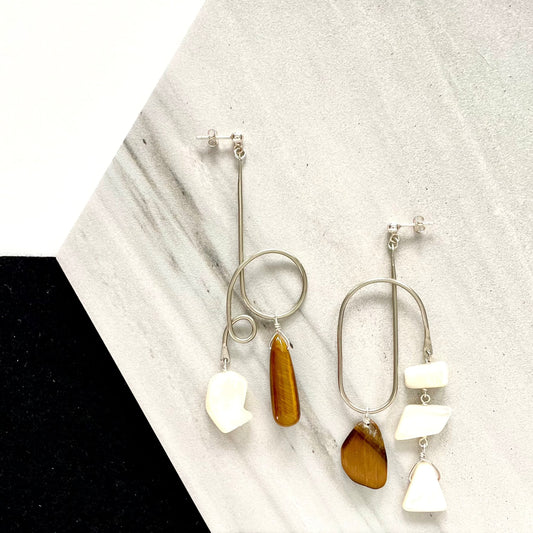 OOAK - Mother of Pearl, Tiger Eye, German Silver Frames with Sterling Silver Earrings