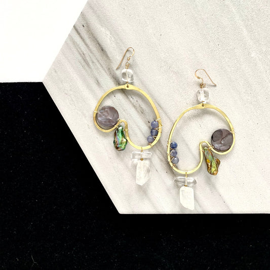 OOAK - Mother of Pearl, Fresh Water Pearl, Moonstone, Quartz, Iolite, Hammered Brass and 14K Gold Fill Earrings