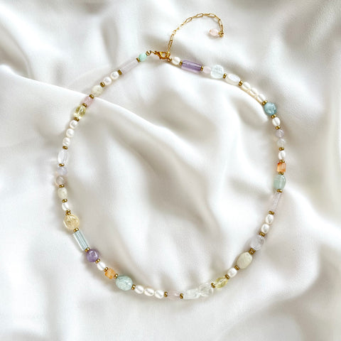 OOAK - Fresh Water Pearl, Labradorite, Citrine, Opal, Amethyst, Aquamarine, Aventurine, Quartz and Gold Plated Anti-tarnish Paperclip Chain Necklace