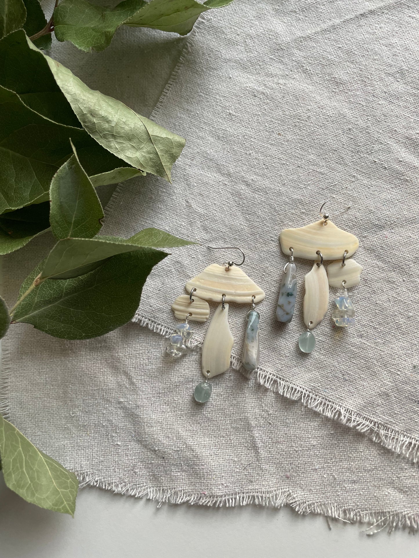 OOAK - Quartz, Aquamarine, Jasper, Sterling Silver and Shell Earrings