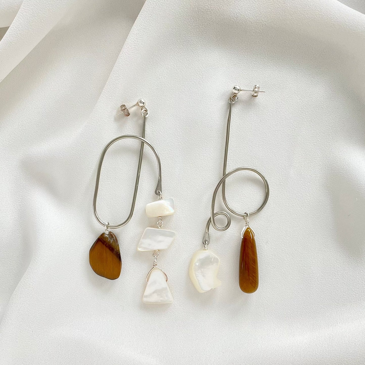 OOAK - Mother of Pearl, Tiger Eye, German Silver Frames with Sterling Silver Earrings