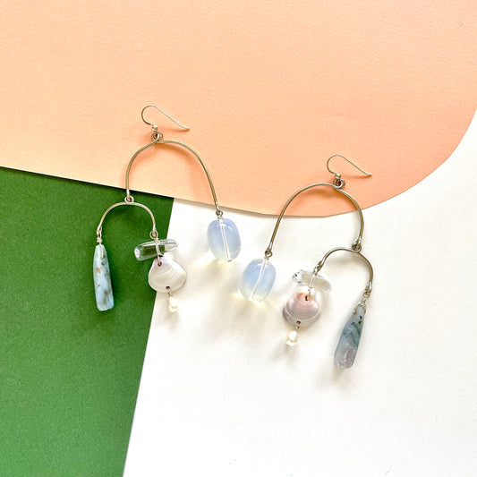 OOAK - Fresh Water Pearl, Jasper, Quartz, Shells, Opalite and German Silver Frames with Sterling Silver Earrings