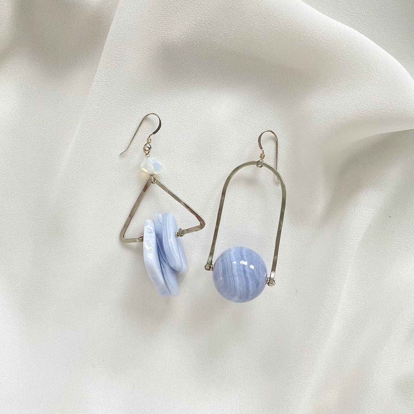 OOAK - Blue Lace Agate, Quartz, Chalcedony, Geometric Hammered German Silver and Sterling Silver Earrings