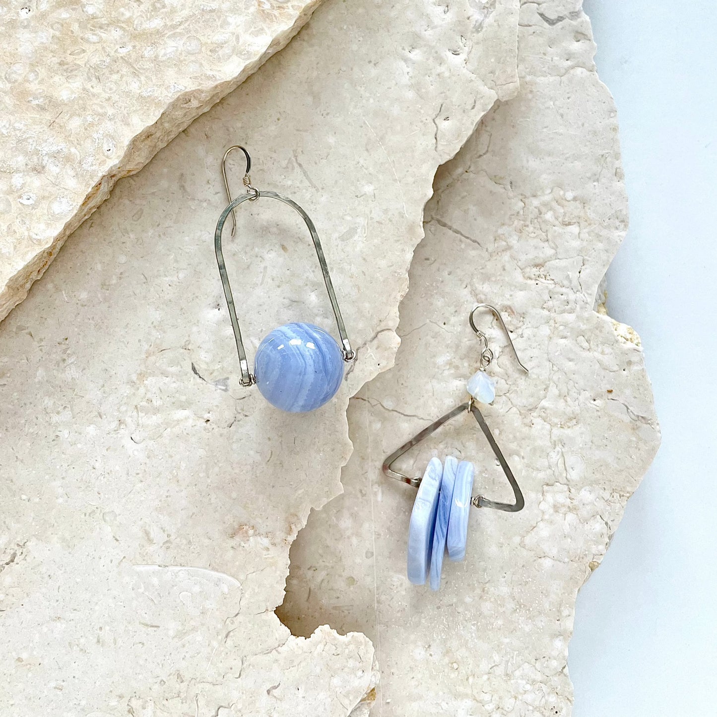 OOAK - Blue Lace Agate, Quartz, Chalcedony, Geometric Hammered German Silver and Sterling Silver Earrings