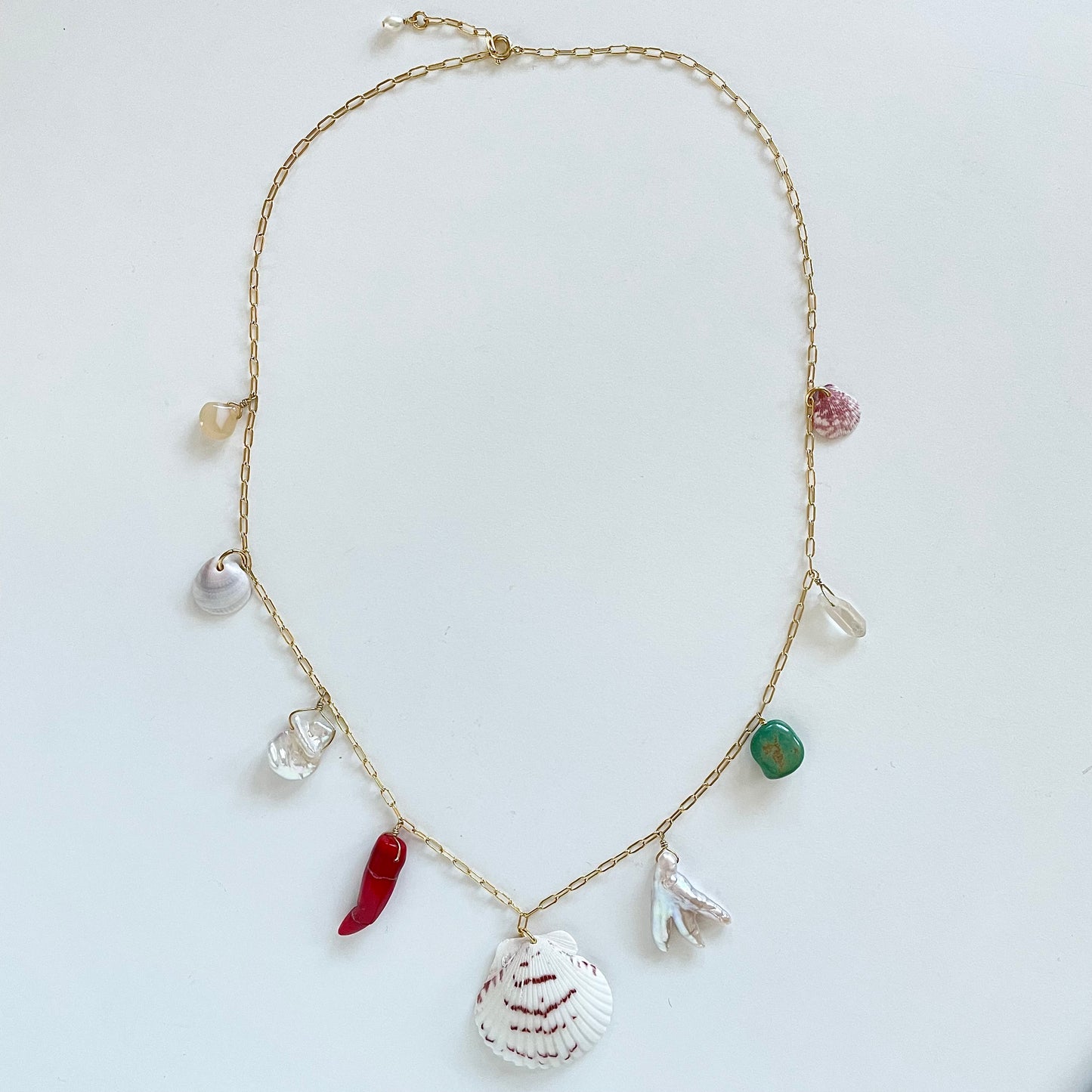 OOAK - Coral, Fresh Water Pearl, Turquoise, Shells, Opal, Brass and Gold Plated Anti-Tarnish Chain Necklace